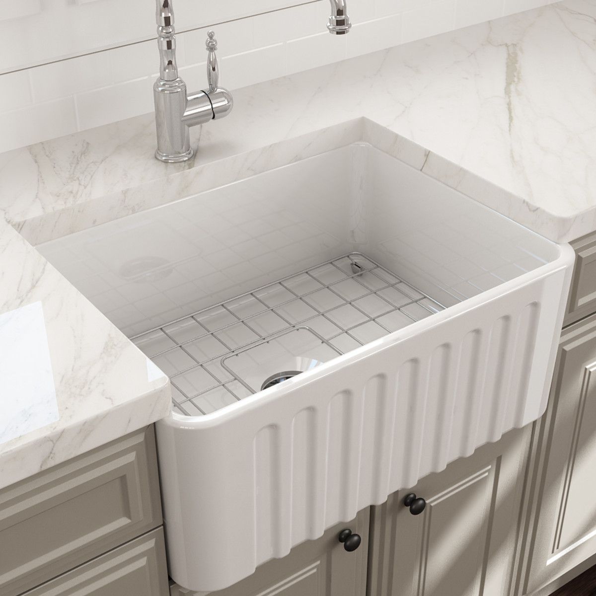 Küchenspüle, dekorative Frontblende, Farmhouse-Stil, Material FireClay, 61x45 cm, Weiß, Royalty Line by Ego, Greco