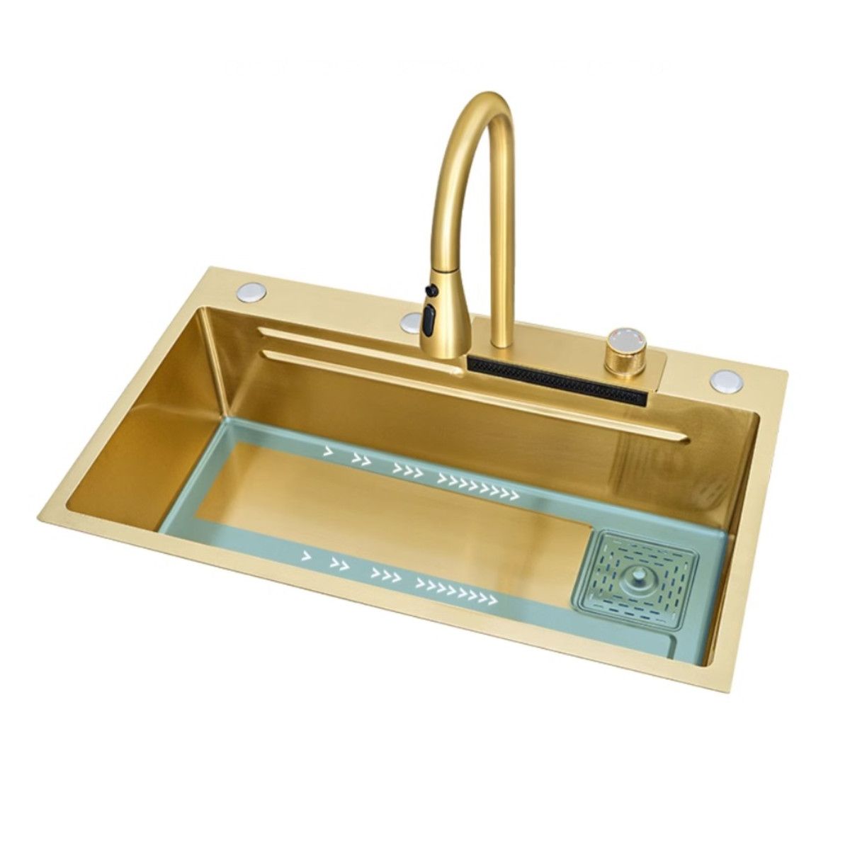 Küchenspülenstation, Gläserspüler, Armatur, Seifenspender, Edelstahl, Gebürstetes Gold, 80x45 cm, Zeno