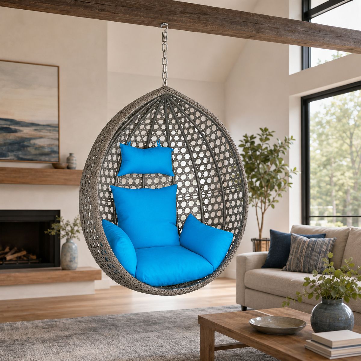 Korb, Hängesessel, Garten, Terrasse, Hof, Wohnzimmer, synthetisches Rattan, Grau, inklusive blauer Kissen und Kette, 109 x 65 x 113 cm