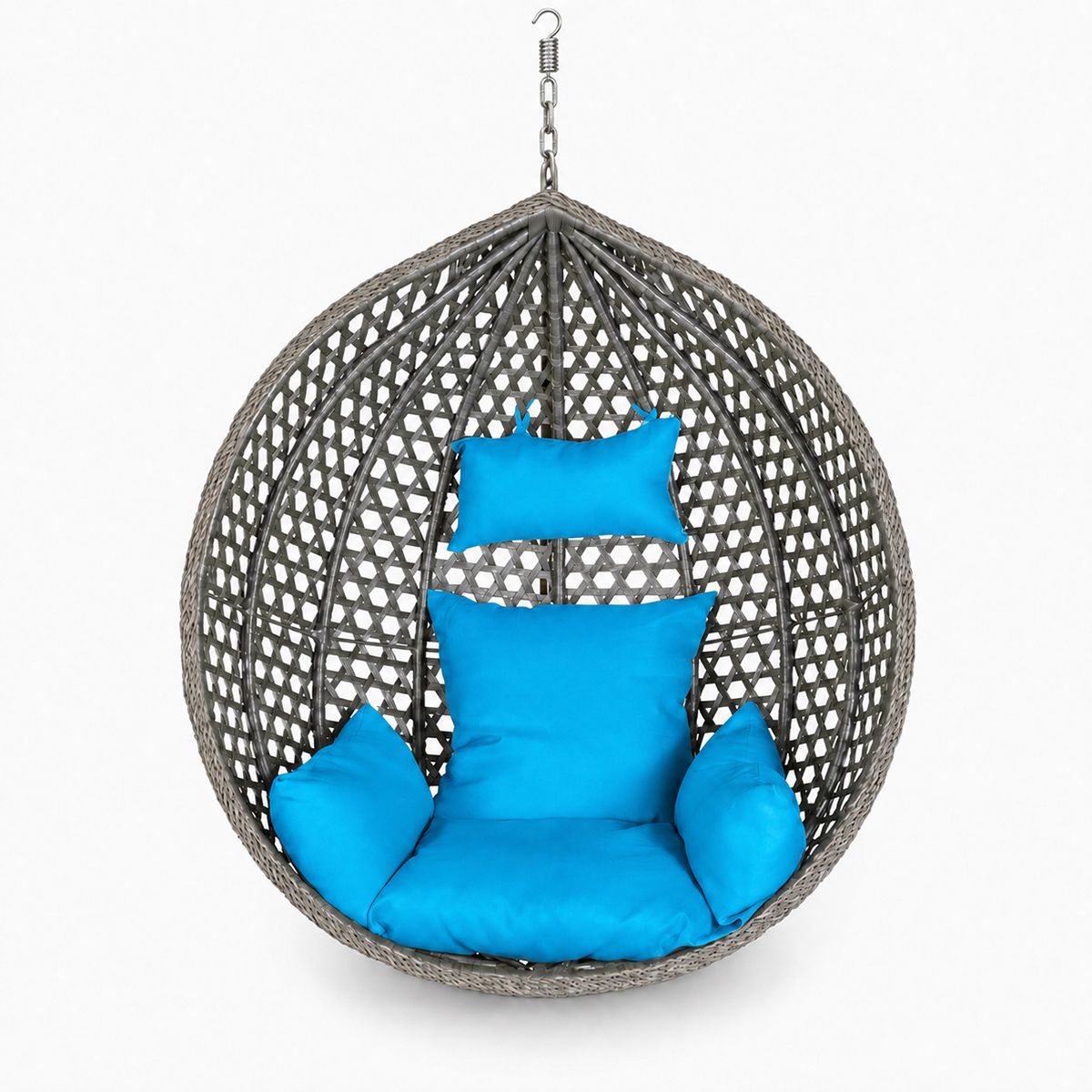 Korb, Hängesessel, Garten, Terrasse, Hof, Wohnzimmer, synthetisches Rattan, Grau, inklusive blauer Kissen und Kette, 109 x 65 x 113 cm