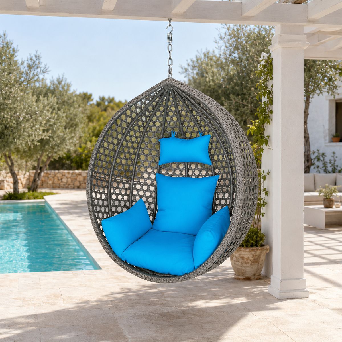 Korb, Hängesessel, Garten, Terrasse, Hof, Wohnzimmer, synthetisches Rattan, Grau, inklusive blauer Kissen und Kette, 109 x 65 x 113 cm