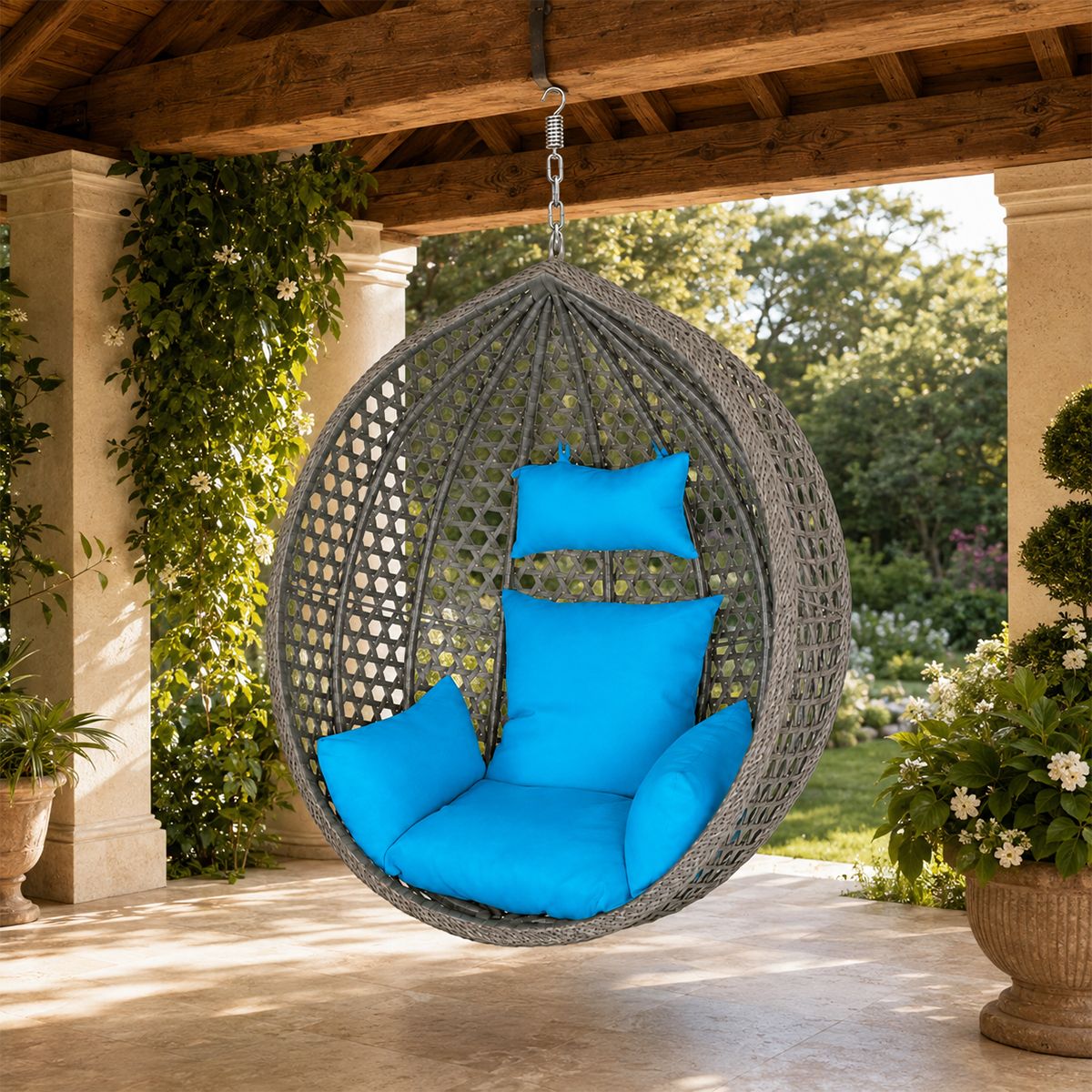 Korb, Hängesessel, Garten, Terrasse, Hof, Wohnzimmer, synthetisches Rattan, Grau, inklusive blauer Kissen und Kette, 109 x 65 x 113 cm