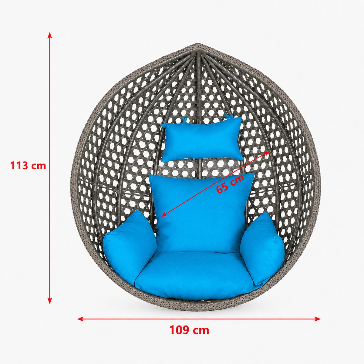 Korb, Hängesessel, Garten, Terrasse, Hof, Wohnzimmer, synthetisches Rattan, Grau, inklusive blauer Kissen und Kette, 109 x 65 x 113 cm