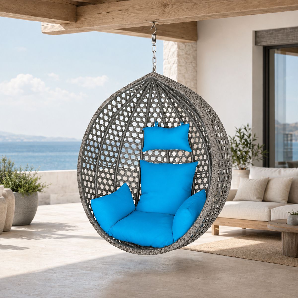 Korb, Hängesessel, Garten, Terrasse, Hof, Wohnzimmer, synthetisches Rattan, Grau, inklusive blauer Kissen und Kette, 109 x 65 x 113 cm