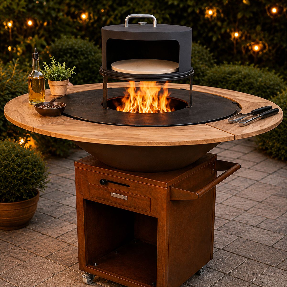 Grill mit Gusseisenplatte Aurelius, Corten 2 mm, Eichenholzplatte, Holzfach, Griff und Lenkrollen, Ø101xH100 cm