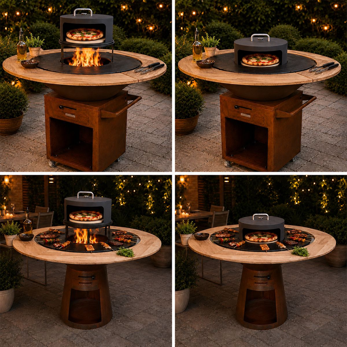 Grill mit Gusseisenplatte Aurelius, Corten 2 mm, Eichenholzplatte, Holzfach, Griff und Lenkrollen, Ø101xH100 cm
