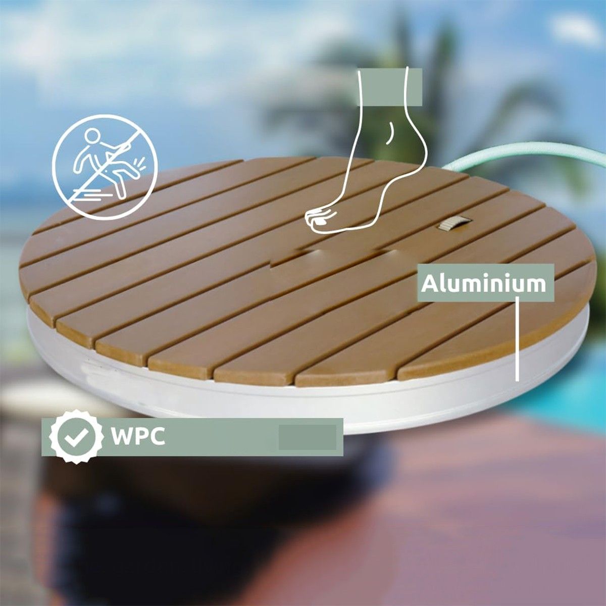 Mobile Bodendusche für Garten und Camping, höhenverstellbar bis 4 m, WPC und Aluminium, Durchmesser 70 cm, Sole