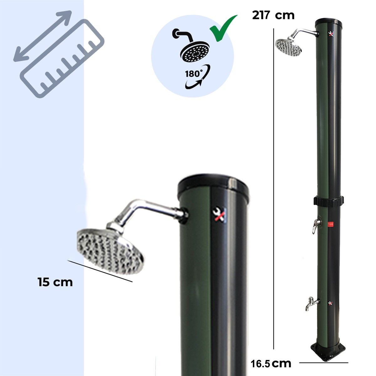 Solardusche für Garten und Pool, 38 Liter, Fußdusche, Regenduschkopf 15 cm, Schwarz und Grün, Valencia