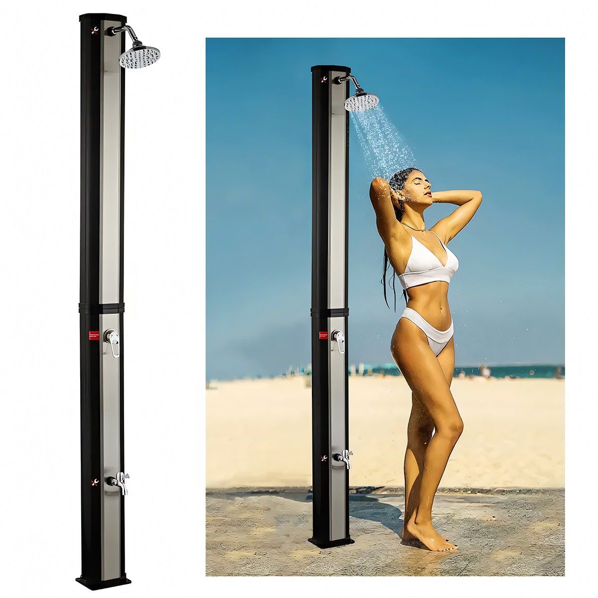 Solardusche für Garten und Pool, 35 Liter, Fußdusche, Regenduschkopf, PVC+ABS, Schwarz, Nickel matt, Cadiz