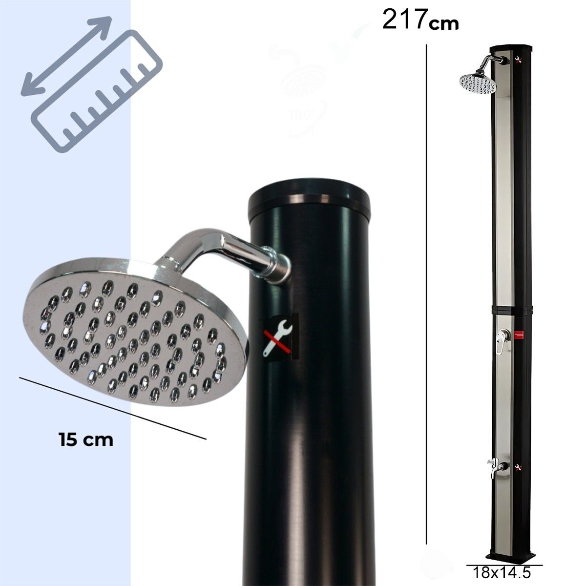 Solardusche für Garten und Pool, 35 Liter, Fußdusche, Regenduschkopf, PVC+ABS, Schwarz, Nickel matt, Cadiz