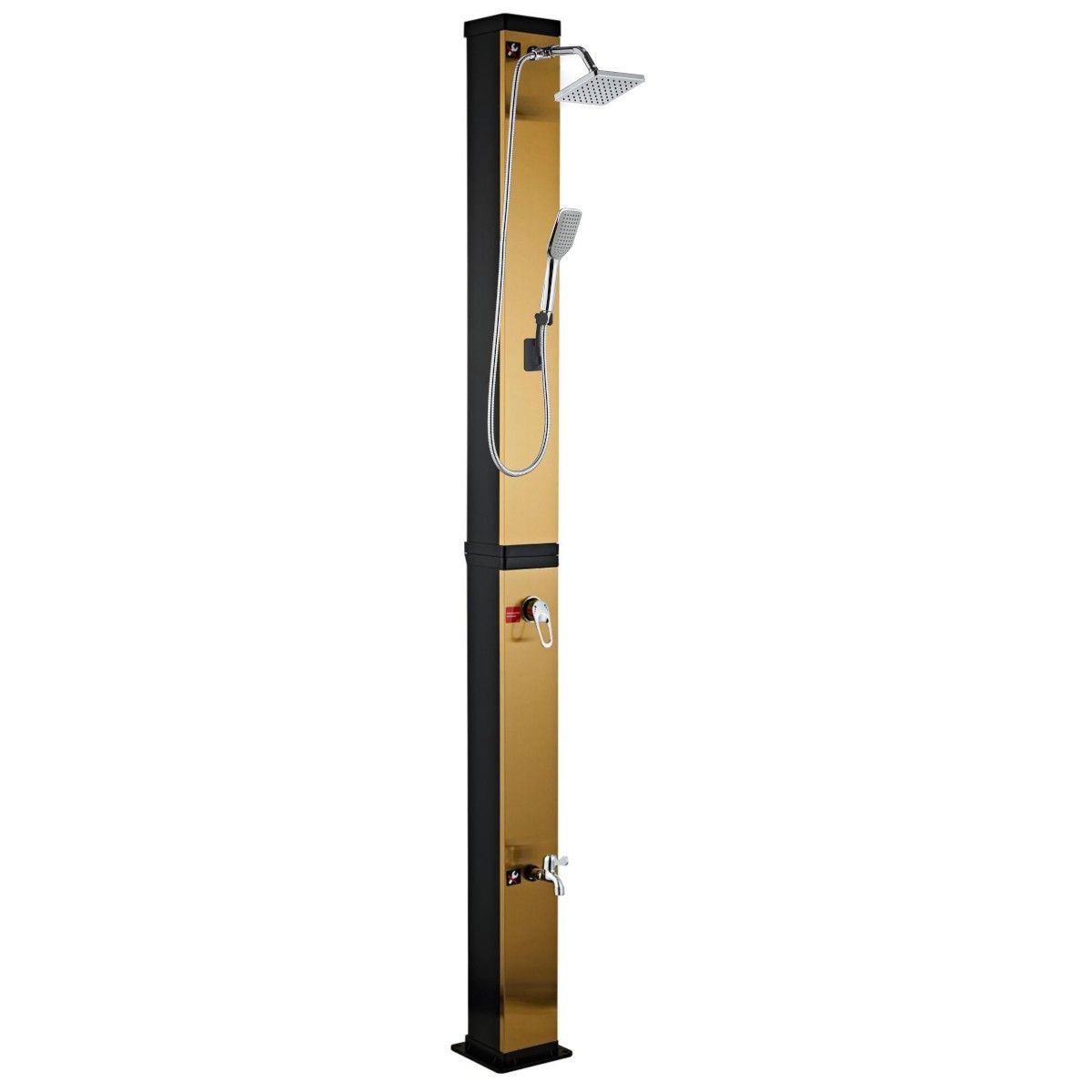 Solardusche für den Garten, 40 Liter, Fußdusche, Handbrause, Regenduschkopf 15 cm, Gold und Schwarz, Malaga