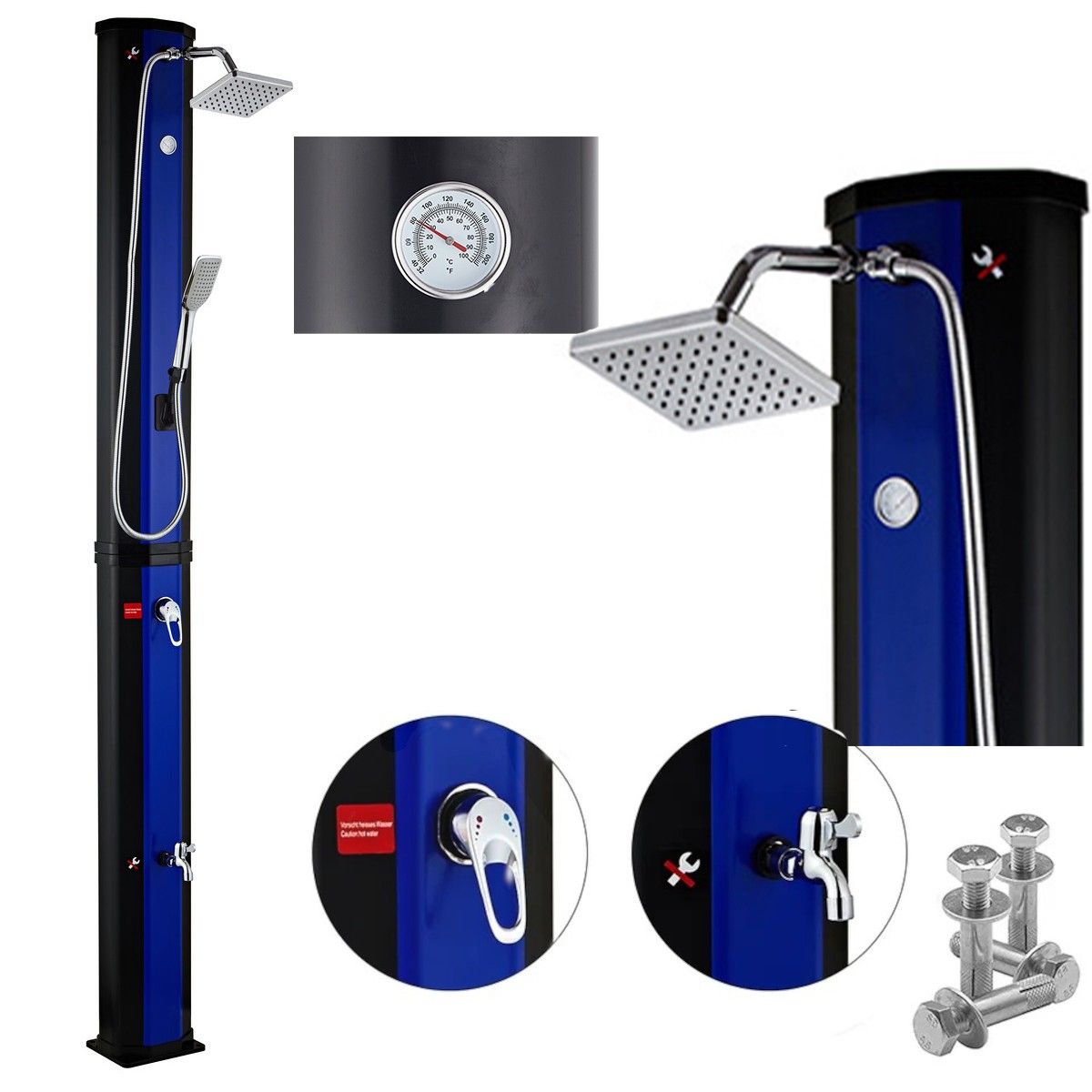 Solar-Dusche, 60 Liter, Fußdusche, Handbrause, Thermometer, Regenduschkopf, PVC+ABS, Blau-Schwarz, Alicante