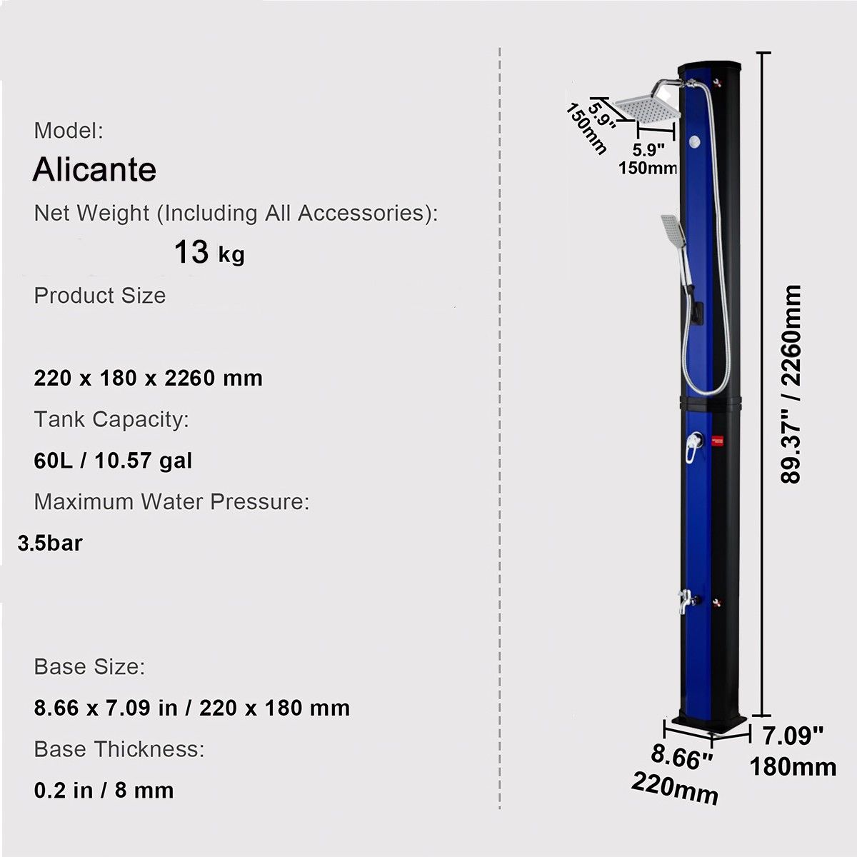 Solardusche, 60 Liter, Fußdusche, Handbrause und Thermometer, Regenduschkopf, PVC+ABS, Blau-Schwarz, Alicante