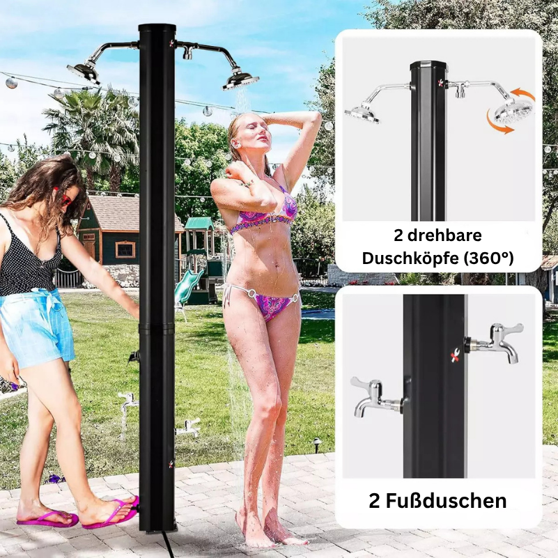 Doppel-Solardusche für Garten und Pool, 60 Liter Fassungsvermögen, 2 Regenduschen, 2 Fußduschen, Schwarz-Grün, Fresco