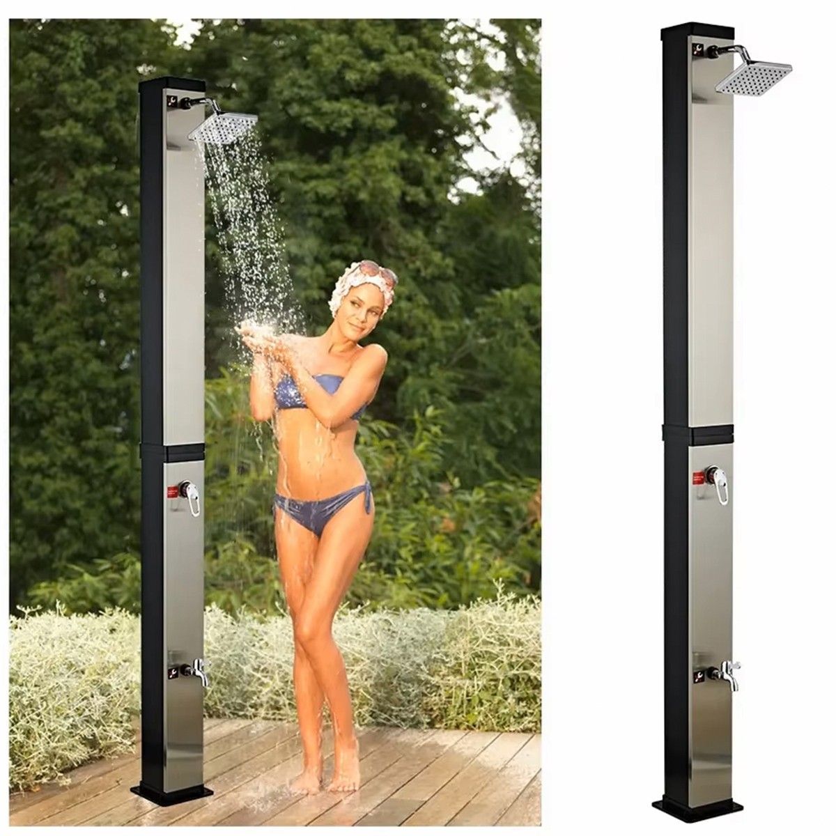 Solardusche für Garten und Pool, 35 Liter Fassungsvermögen, Regenduschkopf 15 cm, Schwarz-Spiegel, Luce