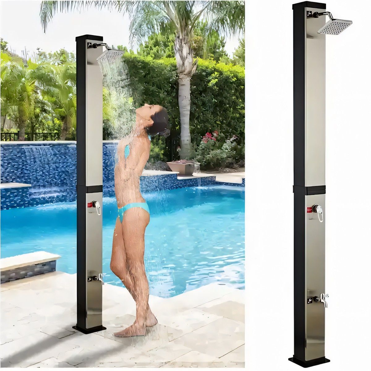 Solar-Dusche für Garten und Pool, 35 Liter Kapazität, Regenduschkopf 15 cm, Schwarz-Spiegel-Optik, Luce