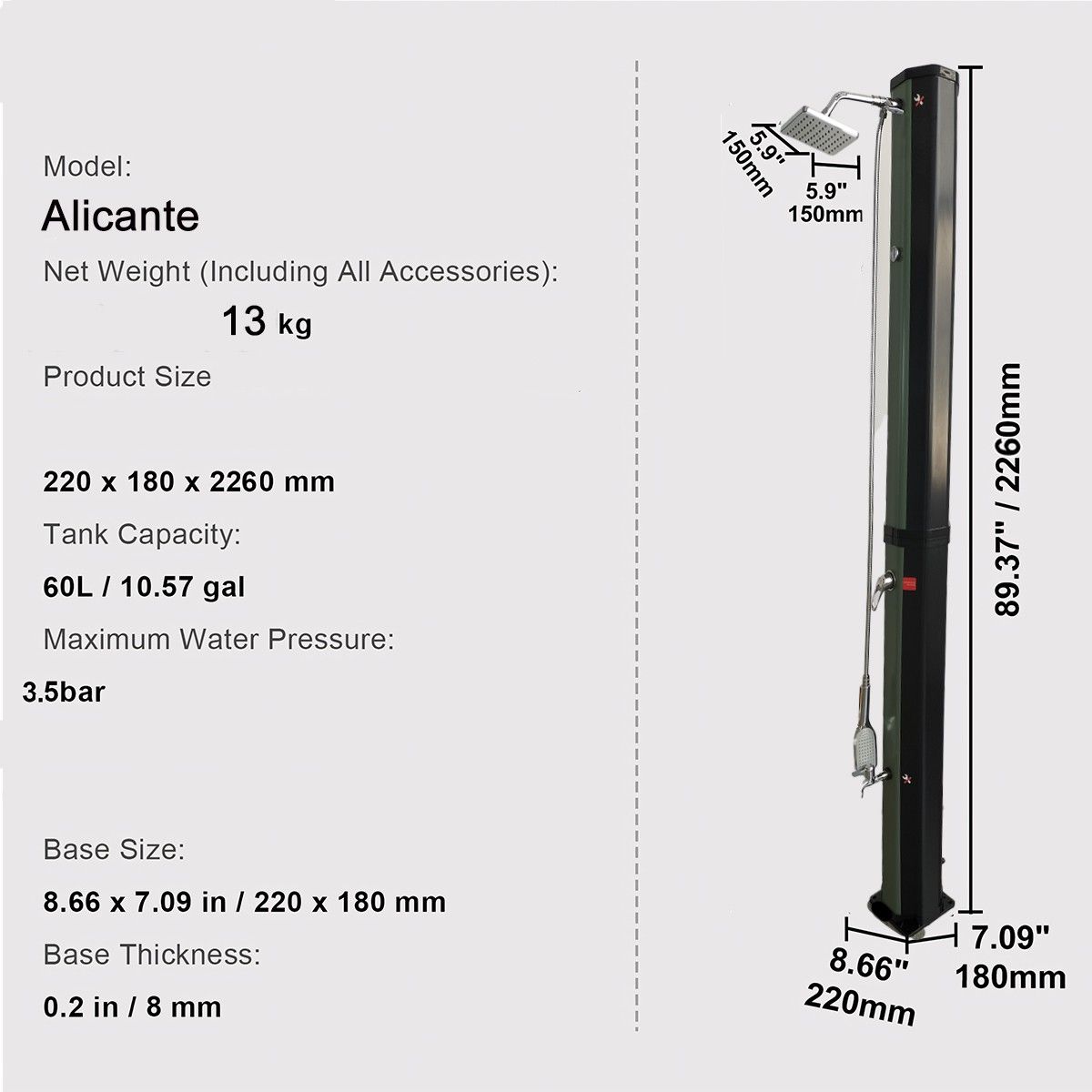 Solardusche, 60 Liter, Fußdusche, Handbrause, Thermometer, Regenduschkopf, PVC+ABS, Grün-Schwarz, Alicante