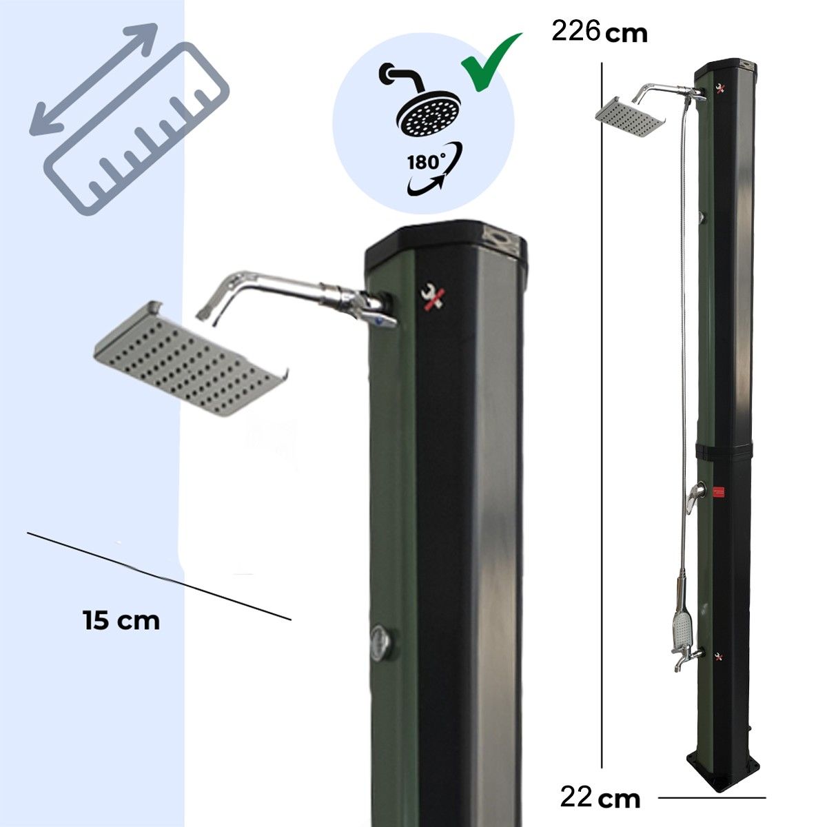 Solardusche, 60 Liter, Fußdusche, Handbrause, Thermometer, Regenduschkopf, PVC+ABS, Grün-Schwarz, Alicante