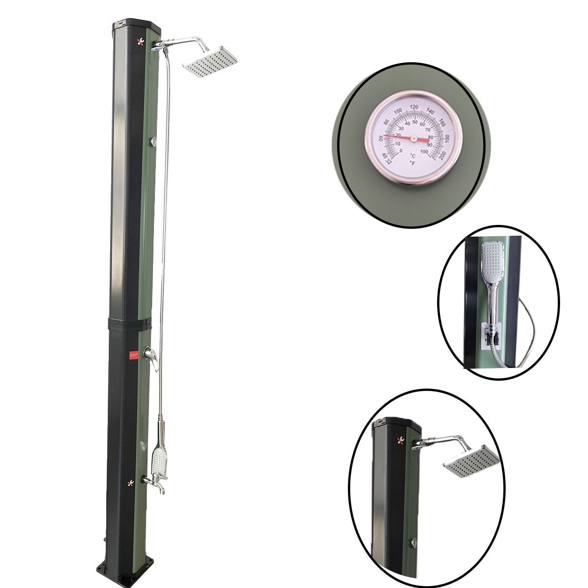 Solar-Dusche, 60 Liter, Fußdusche, Handbrause, Thermometer, Regenduschkopf, PVC+ABS, Grün-Schwarz, Alicante