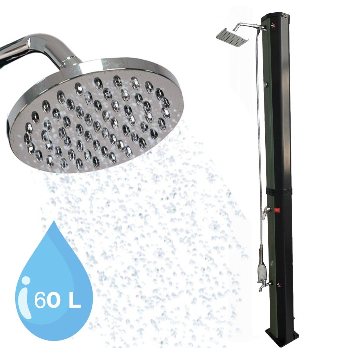 Solardusche, 60 Liter, Fußdusche, Handbrause, Thermometer, Regenduschkopf, PVC+ABS, Grün-Schwarz, Alicante