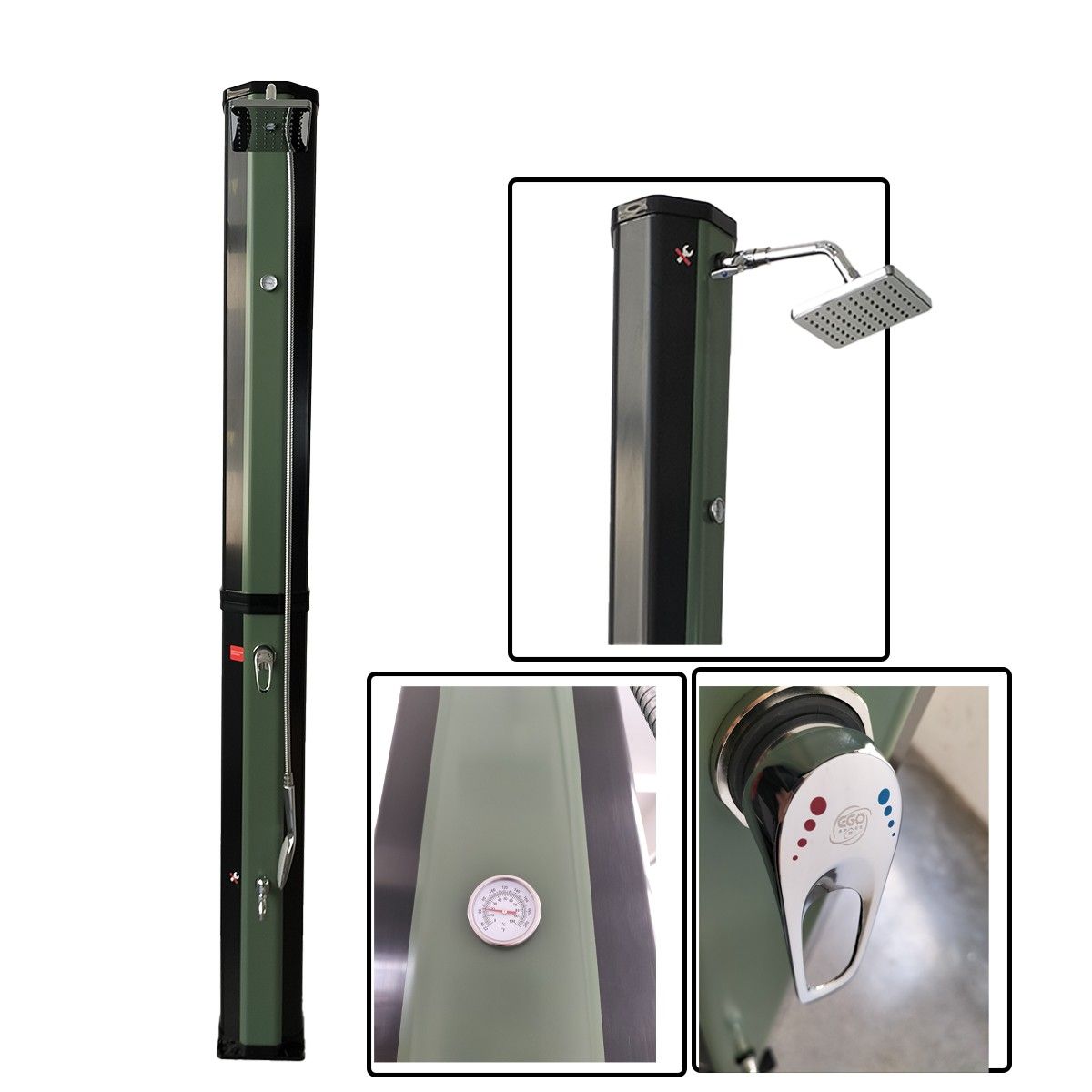 Solardusche, 60 Liter, Fußdusche, Handbrause, Thermometer, Regenduschkopf, PVC+ABS, Grün-Schwarz, Alicante