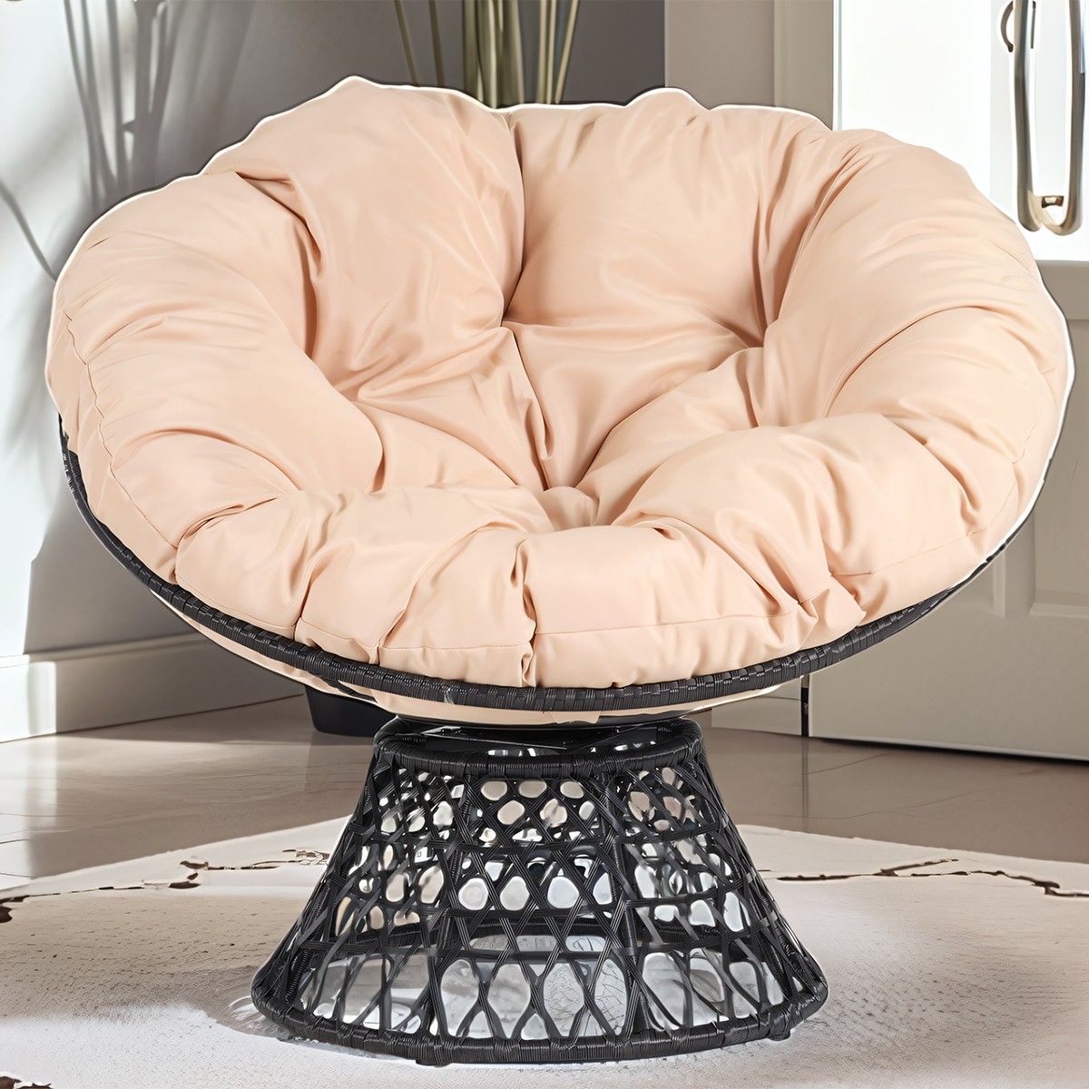Um 360° drehbarer Sessel für Terrasse oder Garten, Rattan, inklusive cremefarbenem Kissen, Bamboo
