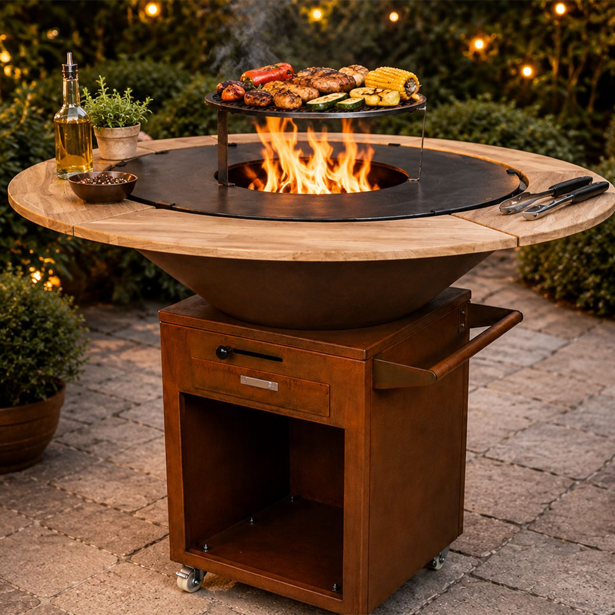 Grill mit Gusseisenplatte Aurelius, Corten 2 mm, Eichenholzplatte, Holzfach, Griff und Lenkrollen, Ø101xH100 cm
