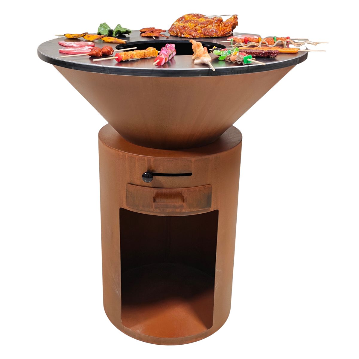 Holzgrill mit Gusseisenplatte, Holzlager, 2 mm Cortenstahl, Durchmesser 100 oder 85 cm, Rostoptik, Infinity Glow