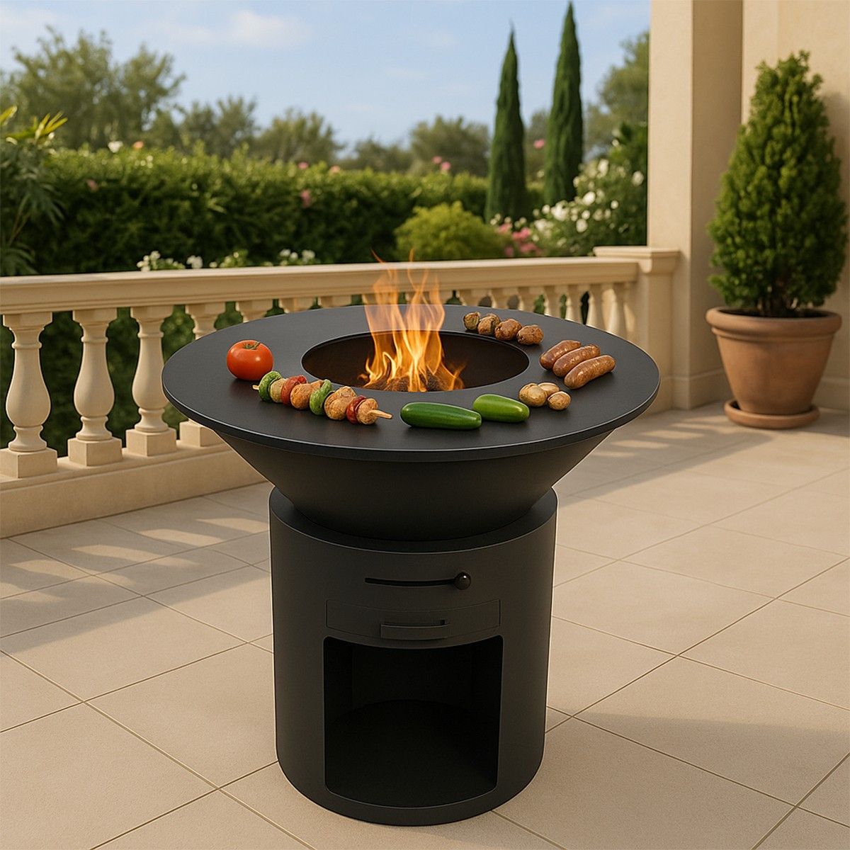 Holzgrill mit Gusseisenplatte, Holzlager, 2 mm Cortenstahl, Durchmesser 100 oder 85 cm, Schwarz, Infinity Glow
