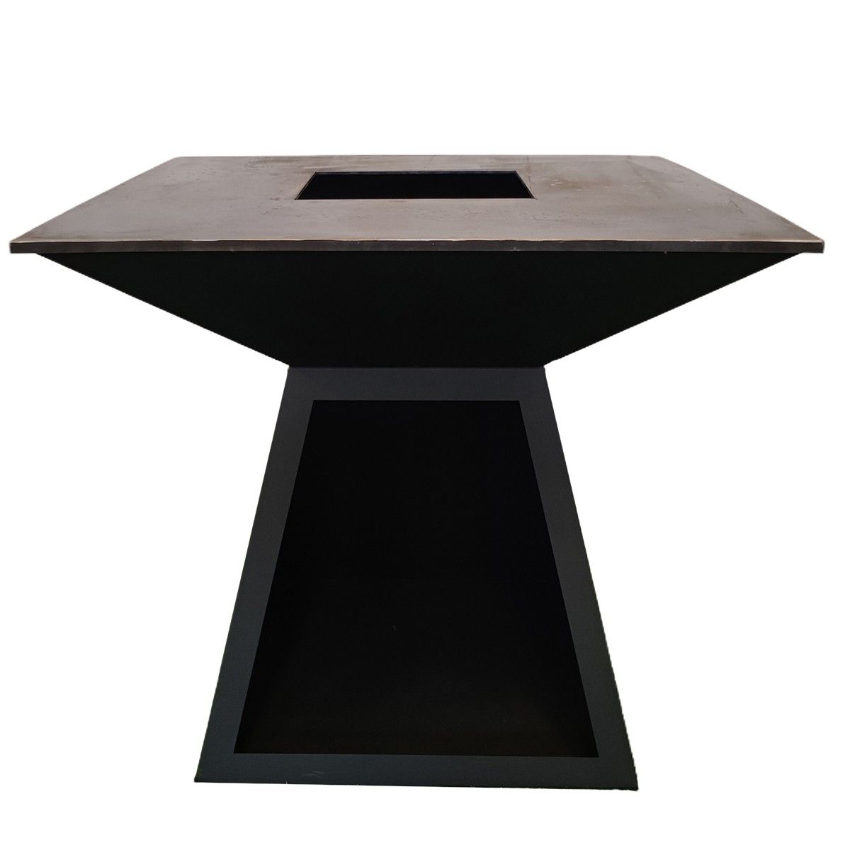 Holzgrill mit Gusseisenplatte, Holzlagerfach, 2 mm Cortenstahl, Maße: 100x100x90 cm, Schwarz, Rustico