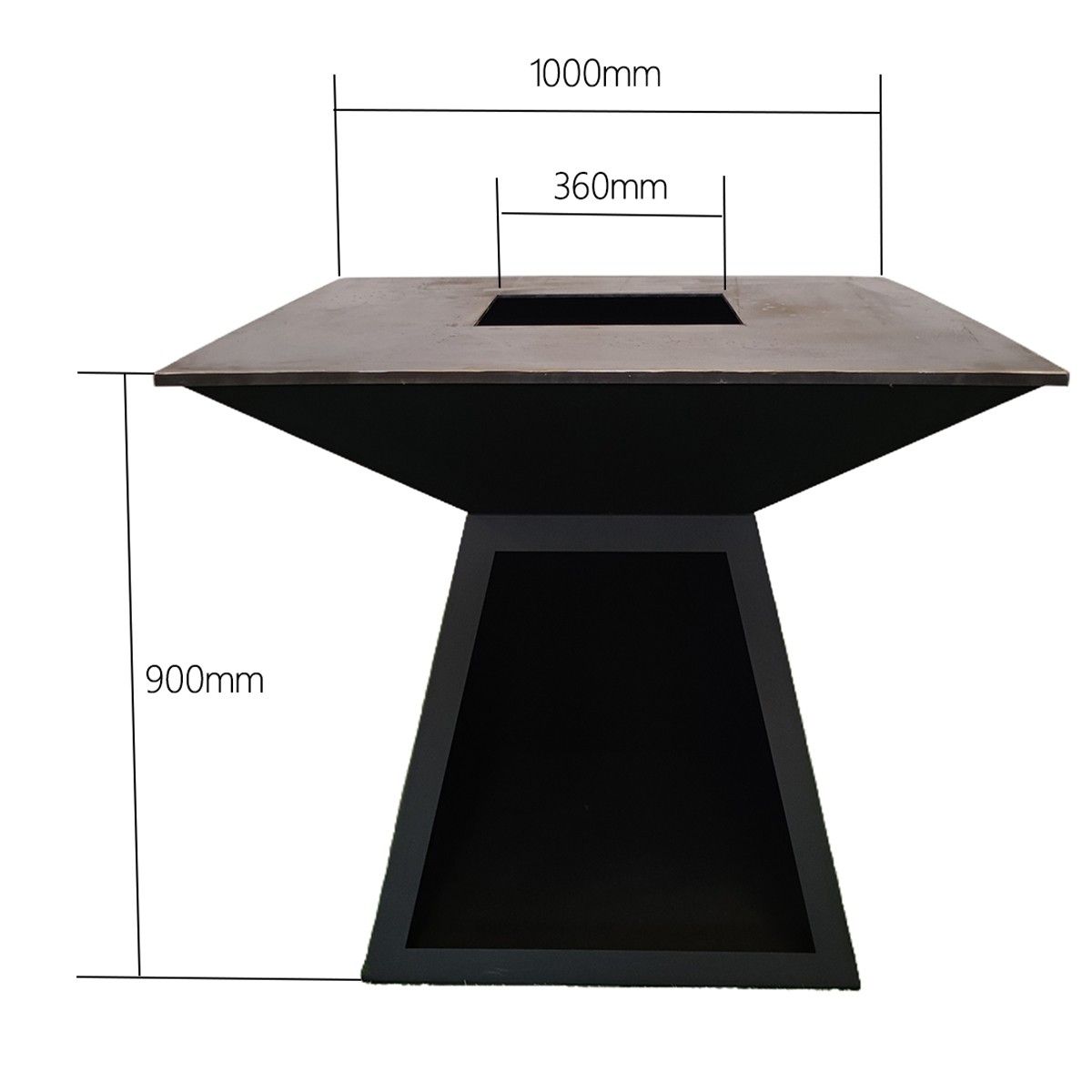 Holzgrill mit Grillplatte, große Kochfläche, Holzfach, 2 mm Cortenstahl, 100x100x90 cm, Schwarz, Rustico