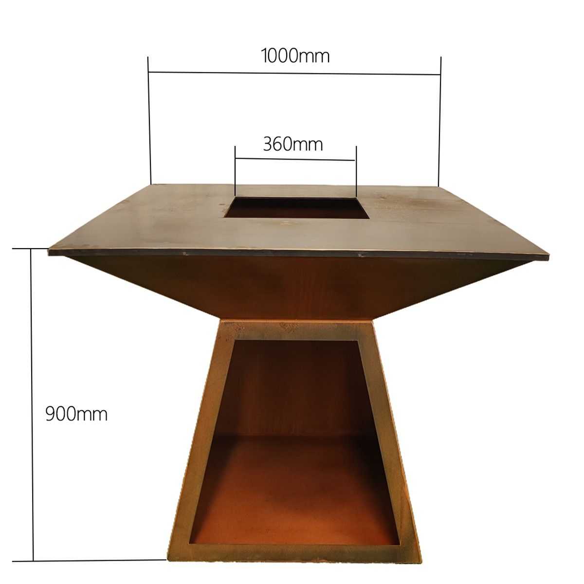 Holzgrill mit Grillplatte, große Kochfläche, Holzfach, 2 mm Cortenstahl, 100x100x90 cm, Rostoptik, Rustico