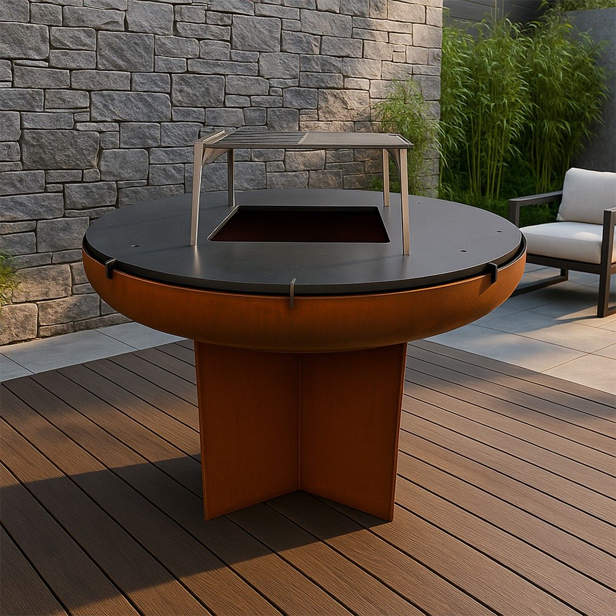 Holzgrill mit Grillplatte, Feuerstelle, multifunktional, aus 2 mm Cortenstahl, Ø 100 x H 70 cm, AshCraft