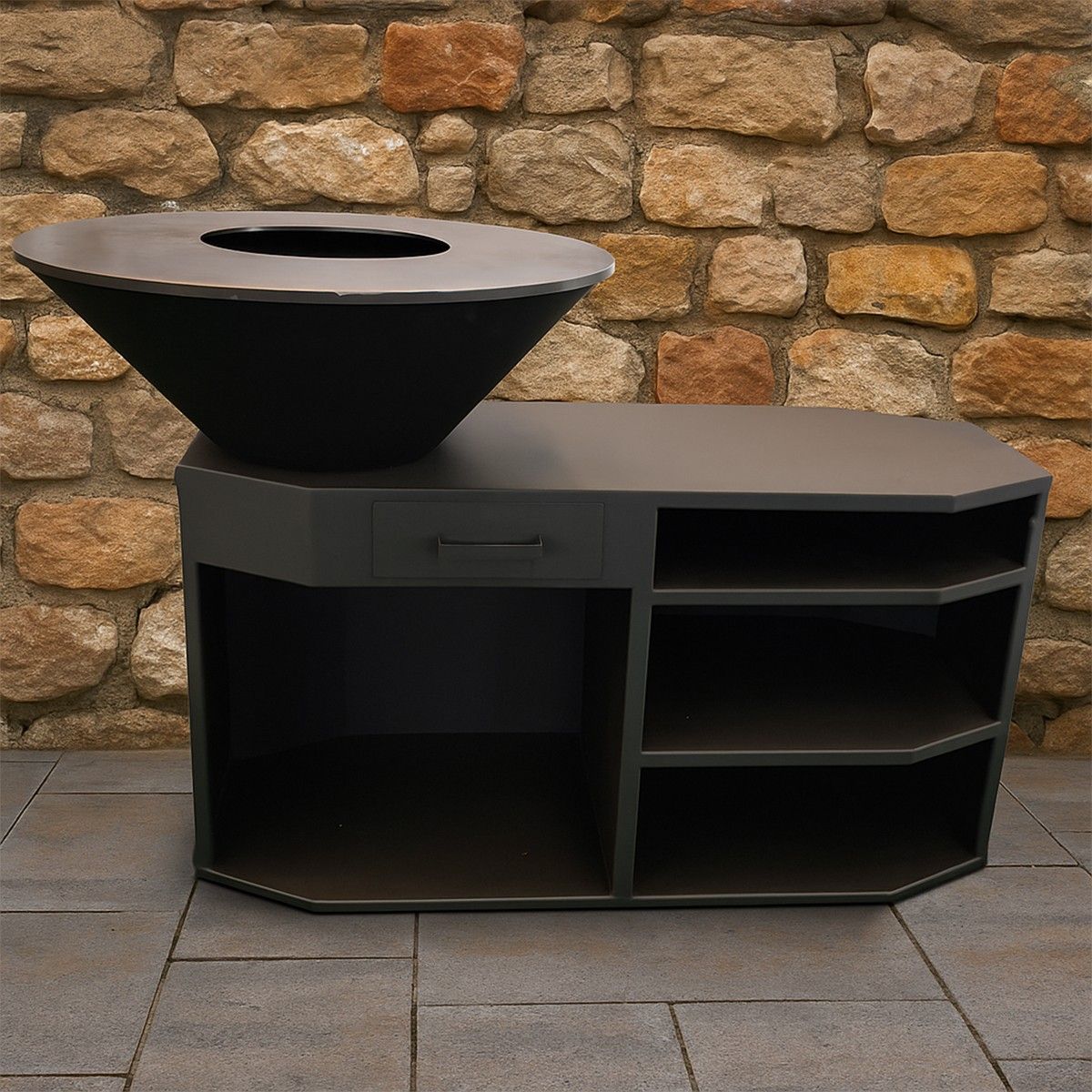 Holzgrill mit großer Grillplatte, Holzablage, 3 Ablagen, Cortenstahl, Ø 85 x 130 x 100 cm, Schwarz, Solis