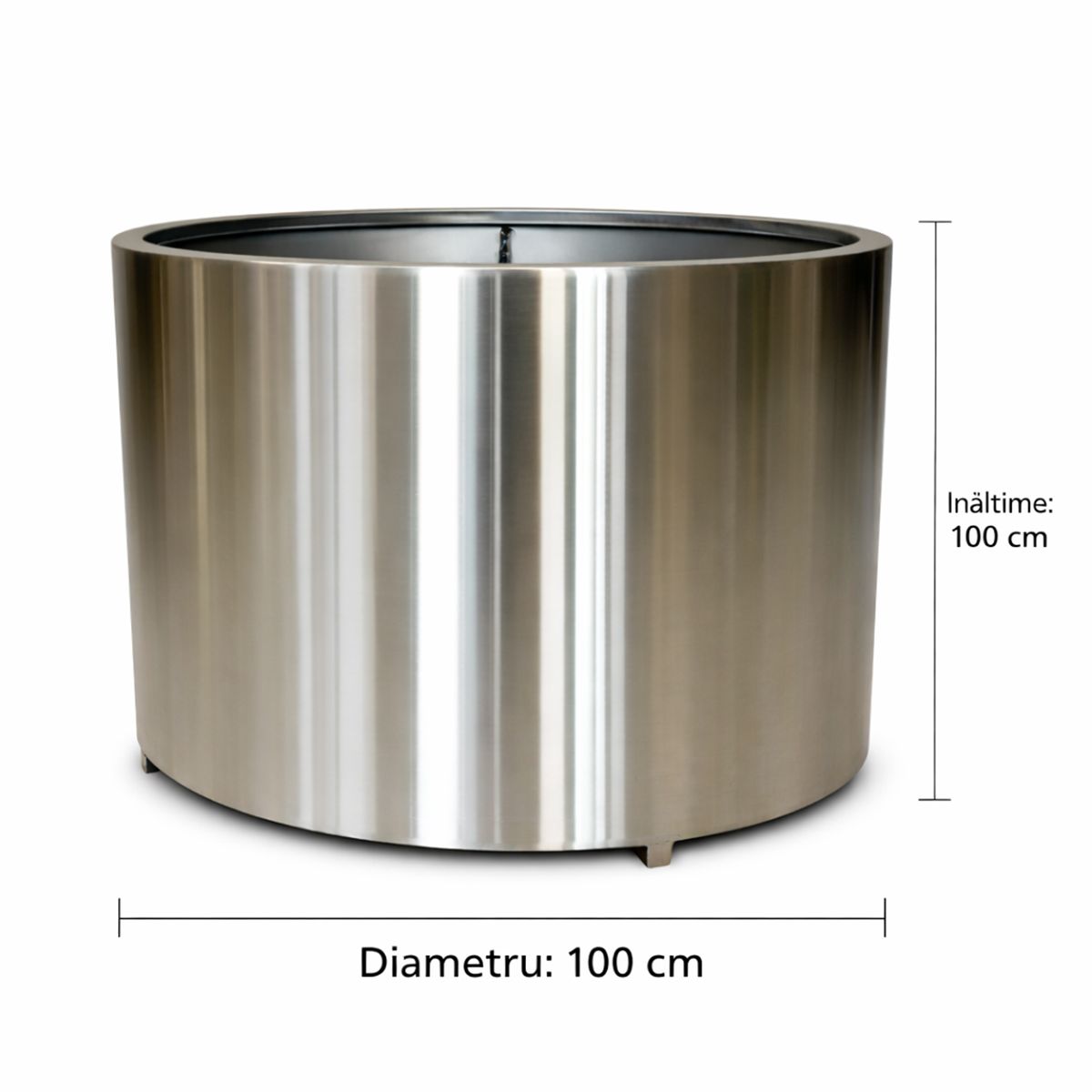 Zylindrischer Blumenkasten, Durchmesser 50, 70, 100 cm, Edelstahl 1 mm, matt verchromt, Polaris