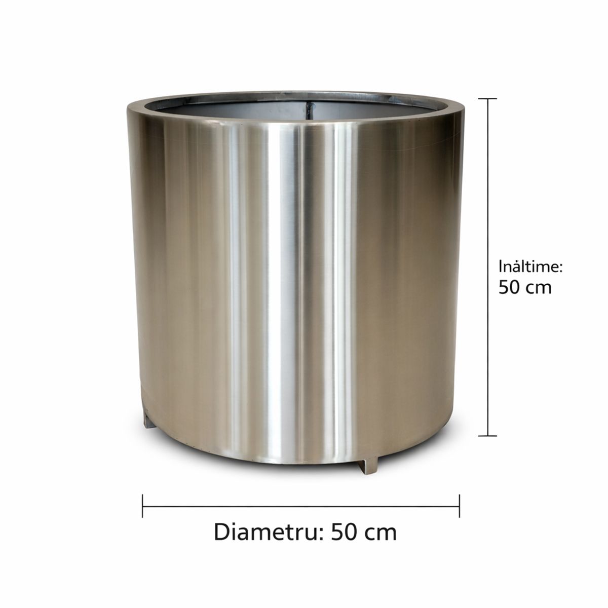 Zylindrischer Blumenkasten, Durchmesser 50, 70, 100 cm, Edelstahl 1 mm, matt verchromt, Polaris