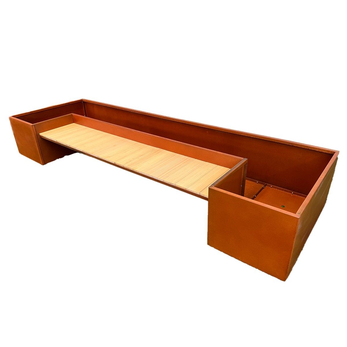 Pflanzkübel mit integrierter Holzbank, 2 mm Cortenstahl, Maße: 300x95x44 cm, FloraStep