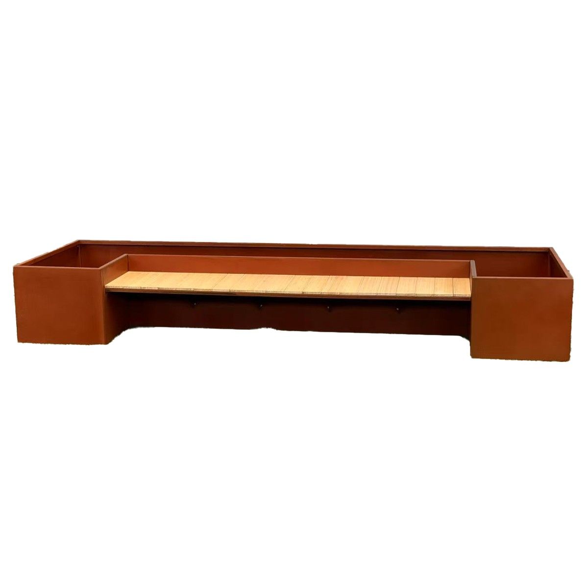 Pflanzkübel mit integrierter Holzbank, 2 mm Cortenstahl, Maße: 300x95x44 cm, FloraStep