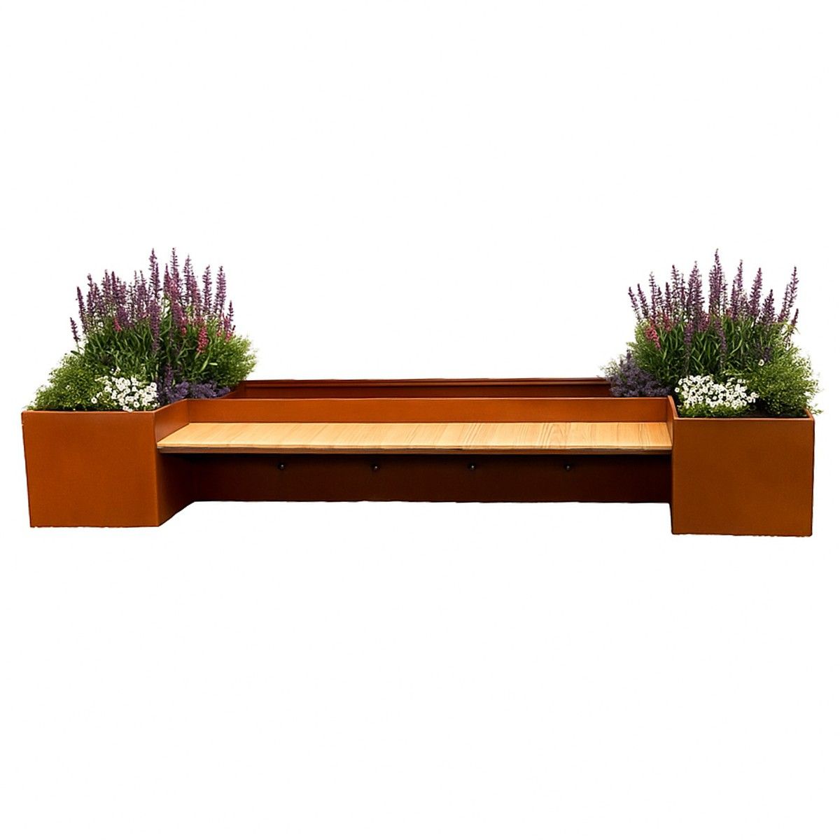 Pflanzkübel mit integrierter Holzbank, 2 mm Cortenstahl, Maße: 300x95x44 cm, FloraStep