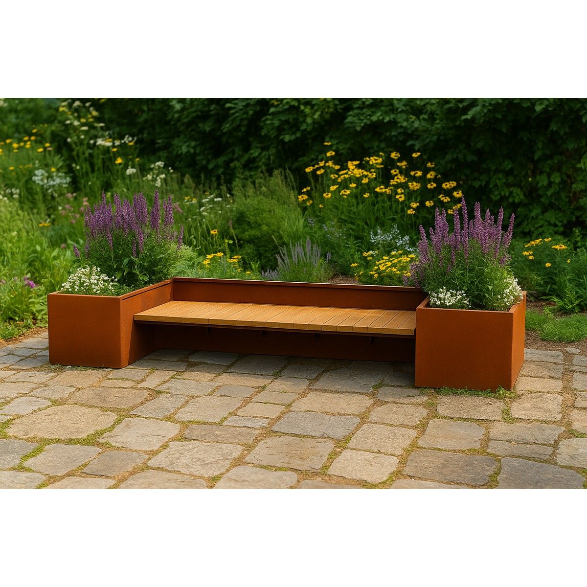 Pflanzkübel mit integrierter Holzbank, 2 mm Cortenstahl, Maße: 300x95x44 cm, FloraStep