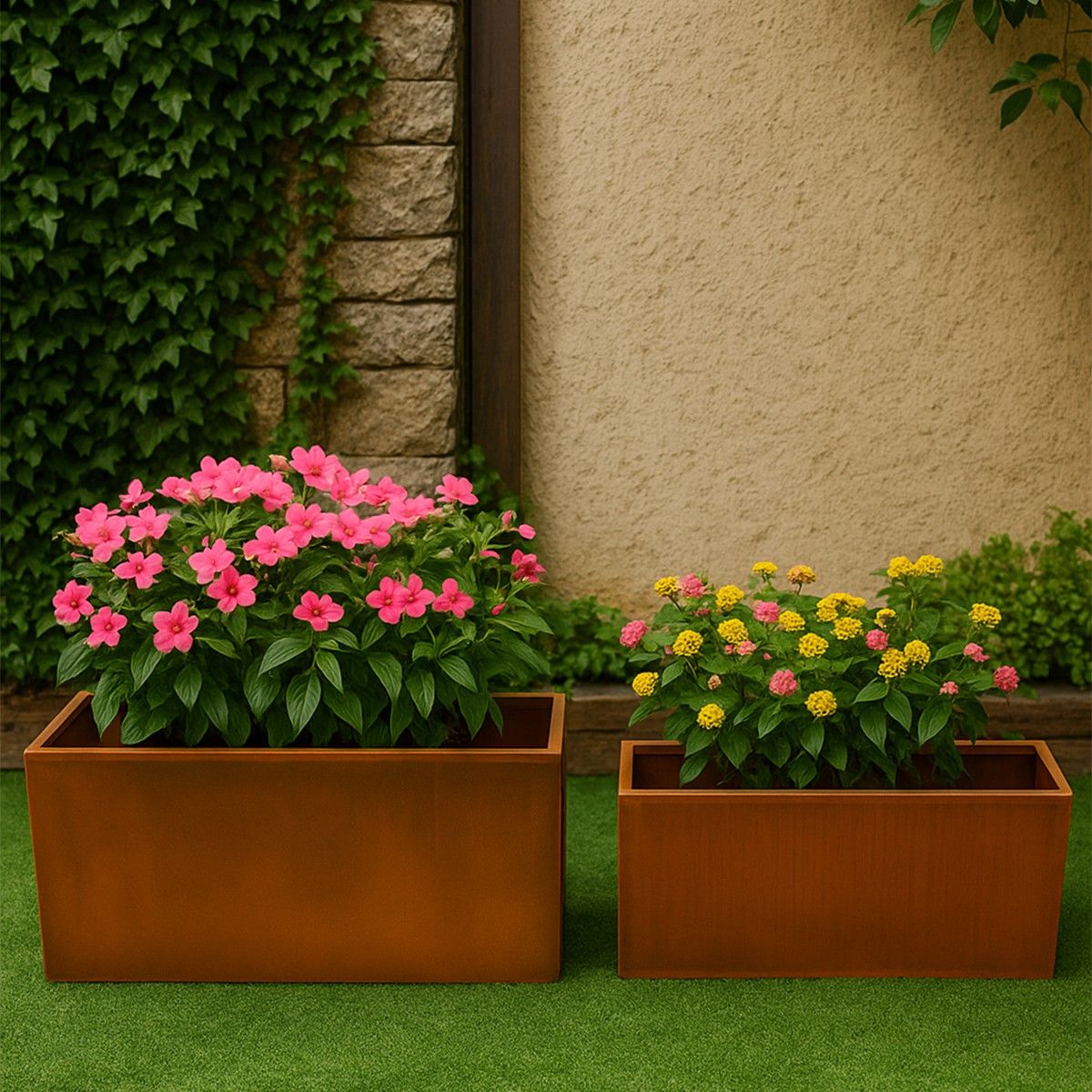 Rechteckiger Pflanzkübel, 2 mm Cortenstahl, Maße: 100x30x45 cm oder 120x40x55 cm, Bloom
