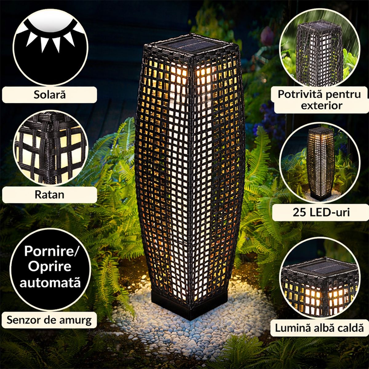 Solarlampe aus Polyrattan, Dämmerungssensor, Batterie inklusive, Schutzart IP44, 80 cm, Evelyn