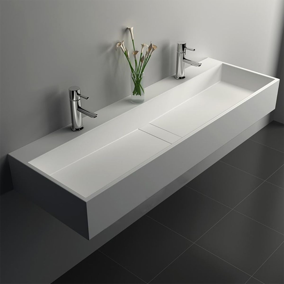 Waschbecken 6028, Weiß matt, 120 x 40 cm, verdeckter Ablauf, mit 2 Hahnbohrungen, Aufsatzmontage, Mineralwerkstoff