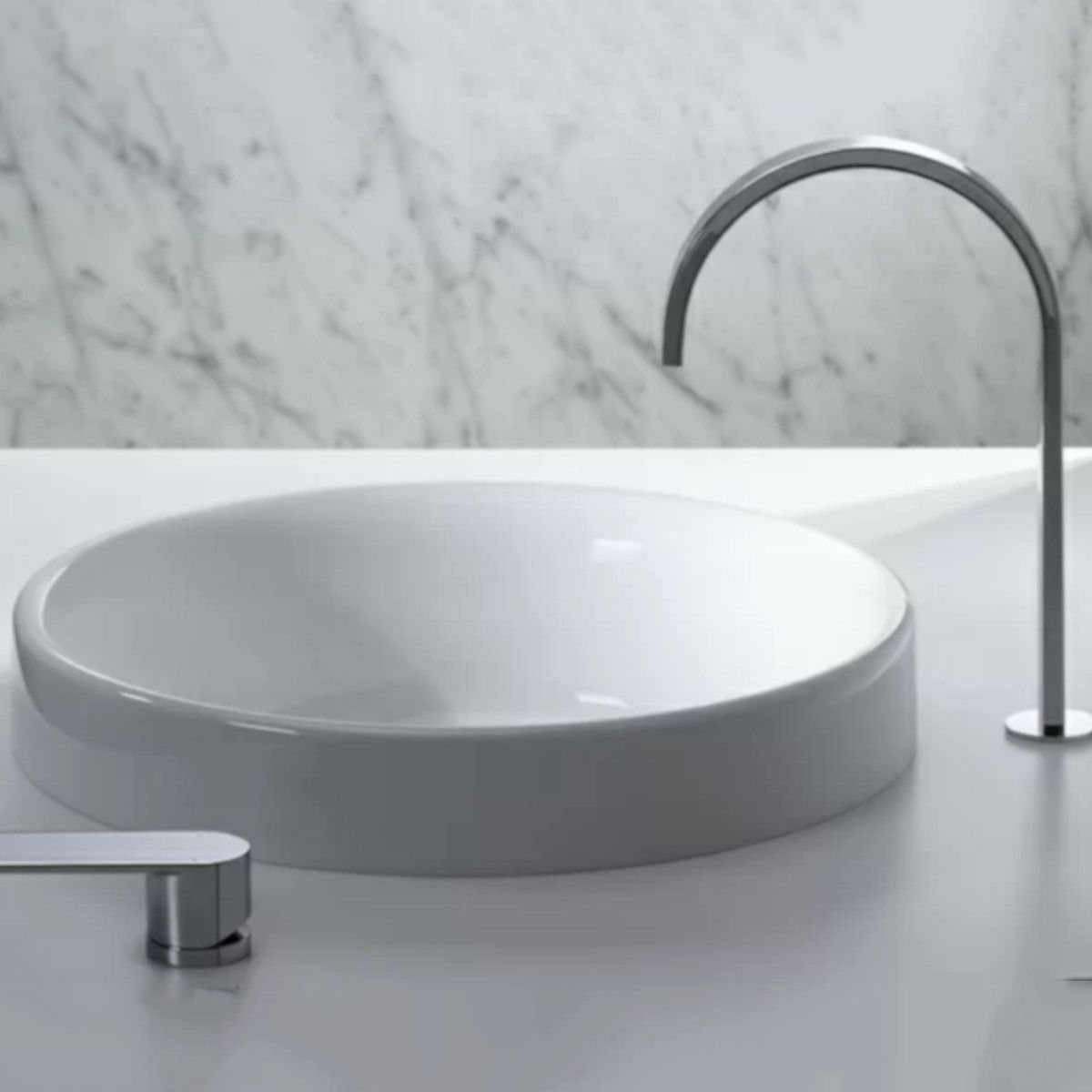 Waschbecken, Weiß, Durchmesser 40 cm, ohne Hahnloch, Halb-Einbaumontage, Sanitärkeramik, Globus