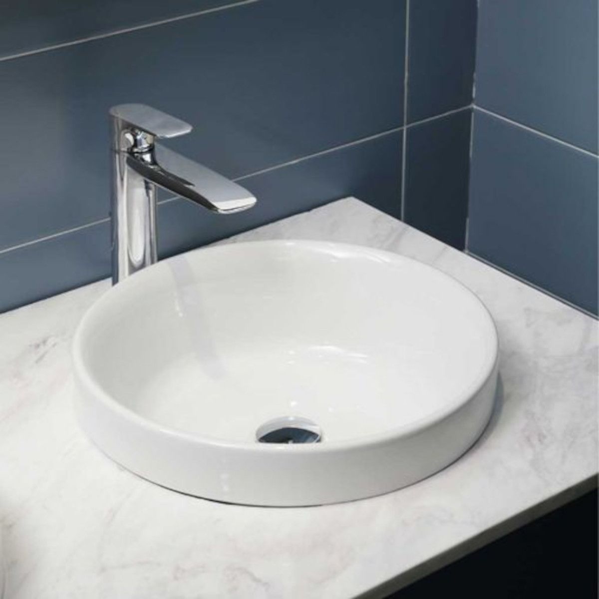 Waschbecken, Weiß, Durchmesser 40 cm, ohne Hahnloch, Halb-Einbaumontage, Sanitärkeramik, Globus