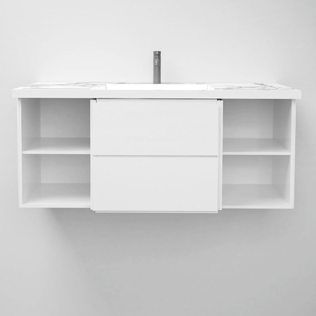 Waschbecken, Weiß Carrara Arabescato Finish, Handtuchhalter, Komposit, Wand- oder Halb-Einbaumontage, 105-125x55 cm, Fuente