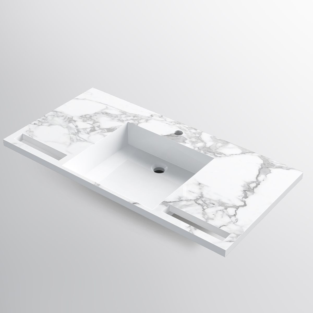 Waschbecken, Weiß Carrara Arabescato Finish, Handtuchhalter, Komposit, Wand- oder Halb-Einbaumontage, 105-125x55 cm, Fuente