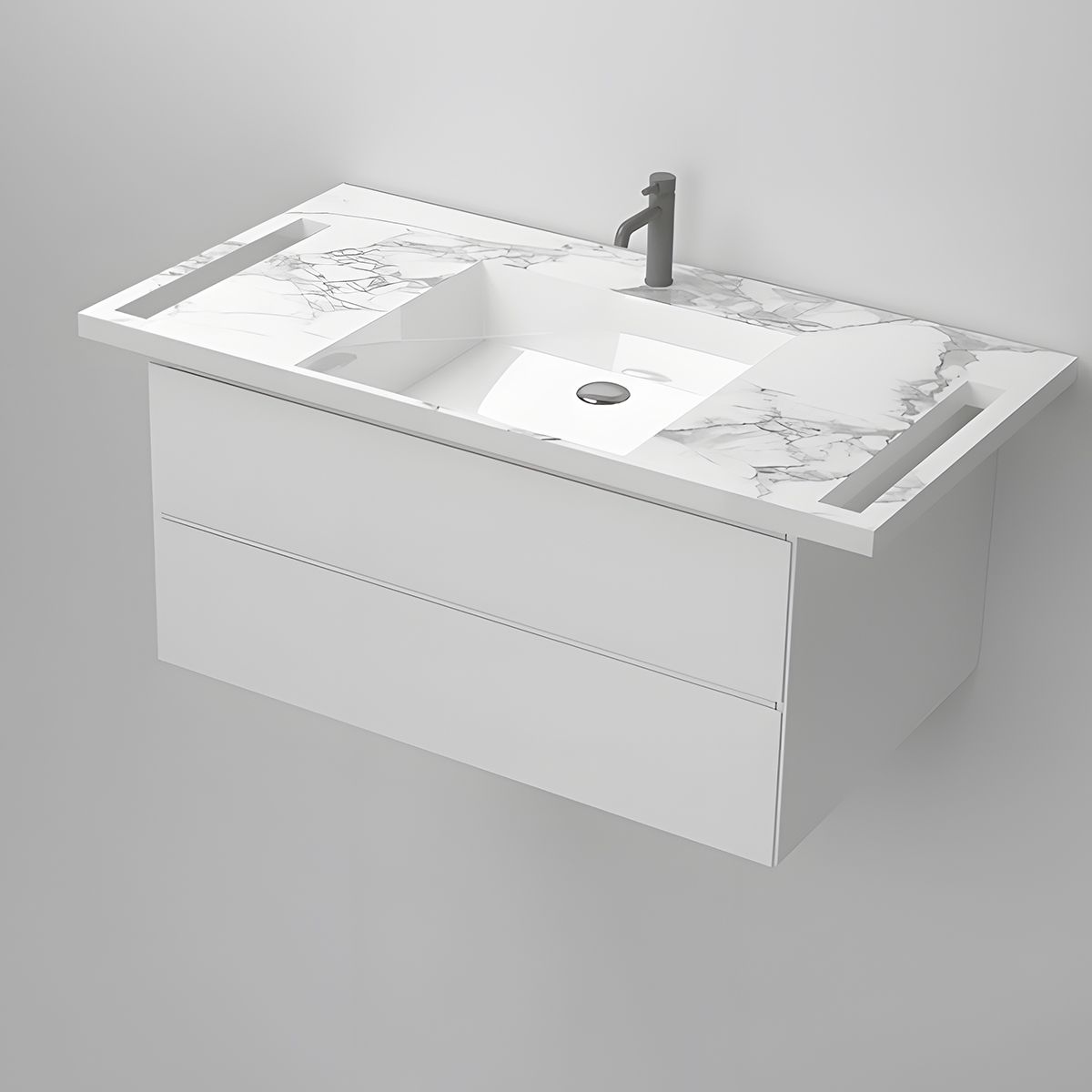 Waschbecken, Weiß Carrara Arabescato Finish, Handtuchhalter, Komposit, wandhängende, Halb-Einbaumontage, 105x55 cm, Lavanda