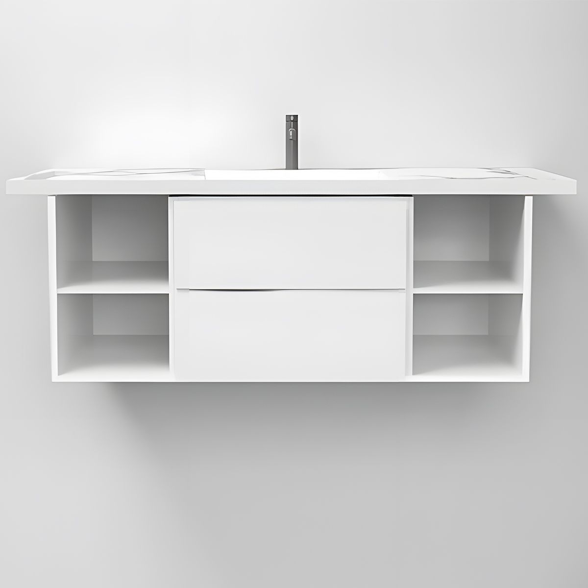 Waschbecken, Weiß Carrara Arabescato Finish, Handtuchhalter, Komposit, wandhängende Halb-Einbaumontage, 125x55 cm, Lavanda