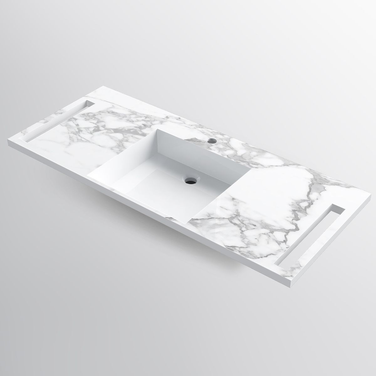 Waschbecken, Weiß Carrara Arabescato Finish, Handtuchhalter, Komposit, wandhängende Halb-Einbaumontage, 125x55 cm, Lavanda
